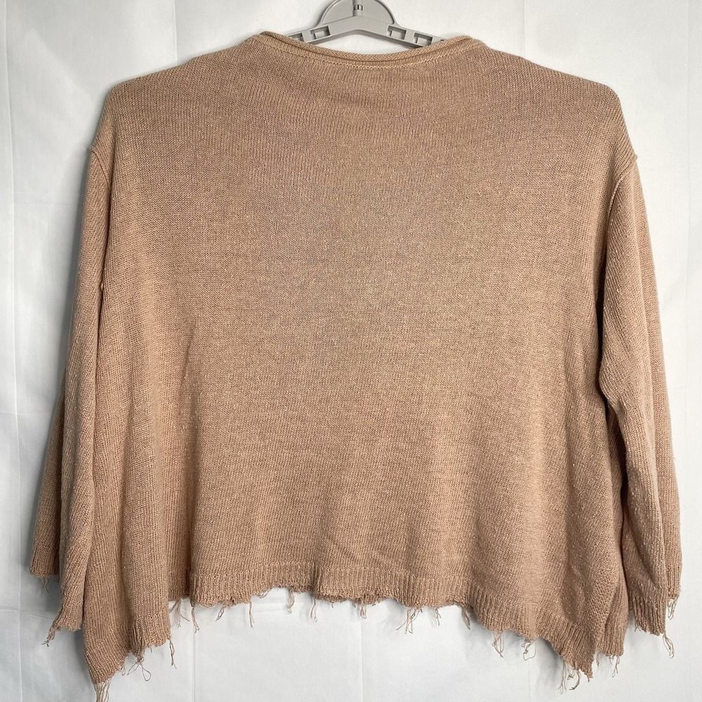 Free People Oversized Distressed Knit Sweater Tan Cotton Linen Blend Pocket SZ M